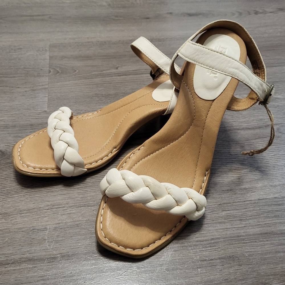 Born Cream Leather Braided Strap Block Heel Sandals Comfort Casual Women Size 11